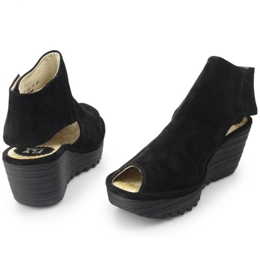 Fly London Yone Black Leather Peep Toe Wedge Platform Sandals EU 38